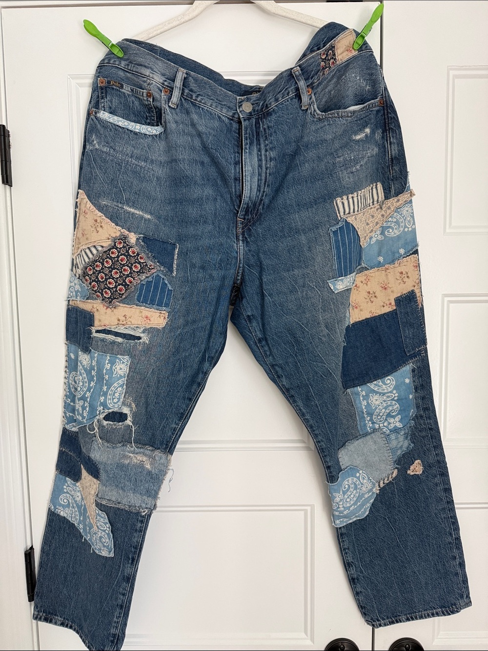 Ralph Lauren Blue Patchwork Boyfriend Jeans with Cream and Light Blue Accents
